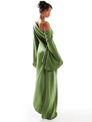 Green Asymmetrical Hem Satin Maxi Dress Newgew Dresses