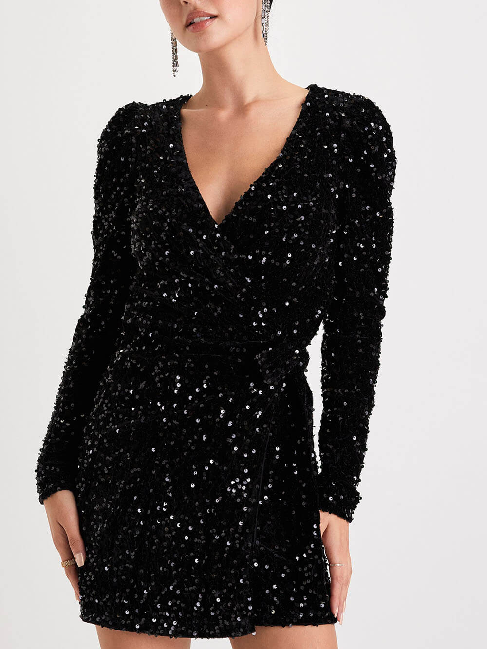 Black Sequin Velvet Long Sleeve Wrap Mini Dress – PinTow