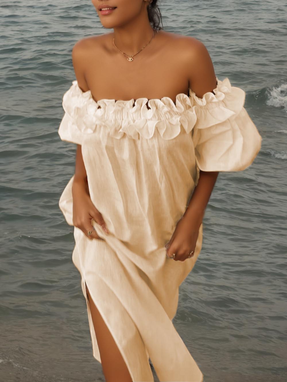 Off Shoulder Ruffle Puff Sleeve Pocketed Midi Dress Newgew Dresses