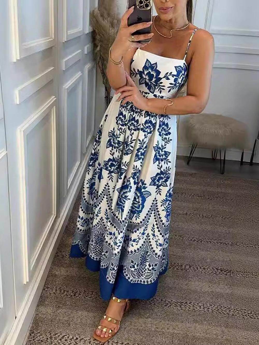 Floral Ethnic Print Back Smocked Loose Miaxi Dress Newgew Dresses