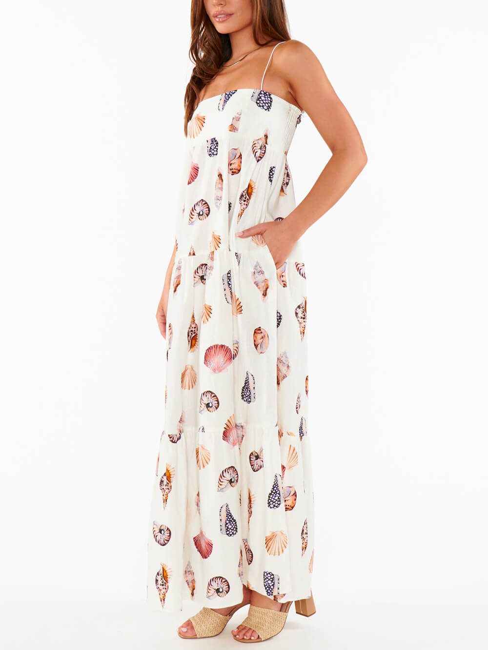 Unique Shell Conch Print Pleated Pockets Lightweight Maxi Dress Newgew Dresses