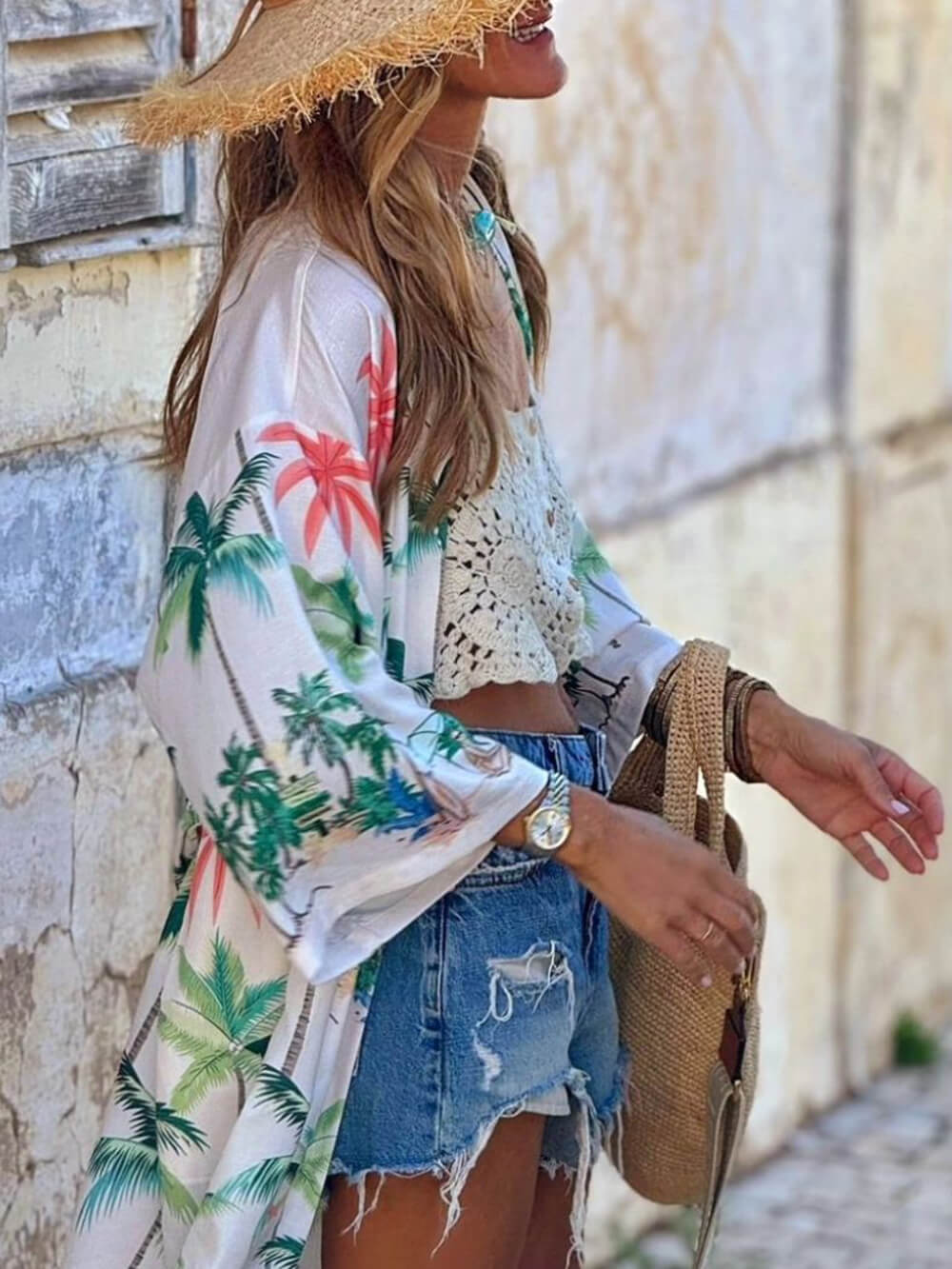 Vacation Style Botanical Print Tie-Waist Long Cover-Up Dress Newgew Dresses