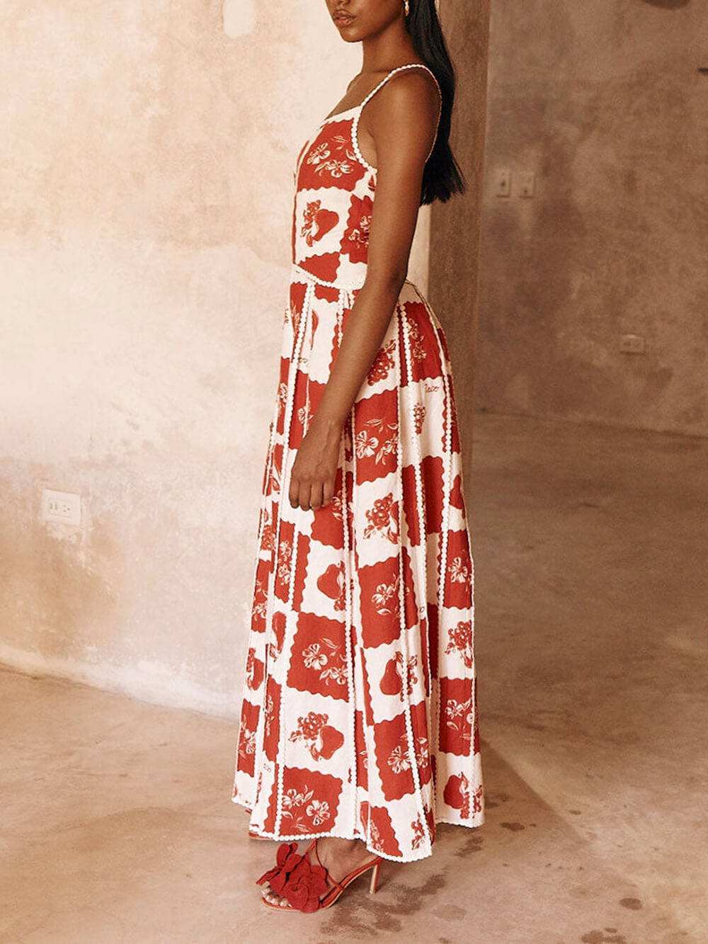 Floral Trim Unique Printed One Shoulder Flared Maxi Dress Newgew Dresses