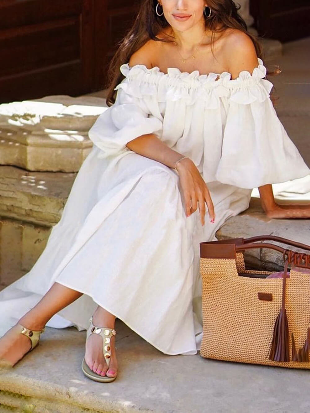 Off Shoulder Ruffle Puff Sleeve Pocketed Midi Dress Newgew Dresses