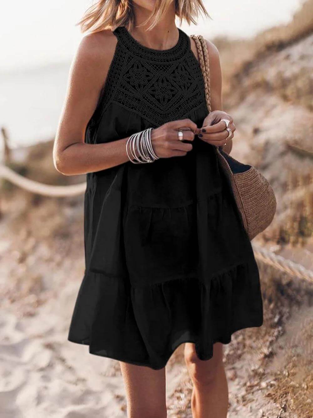 Hollow Lace Patchwork Halterneck A-Line Mini Dress Newgew Dresses