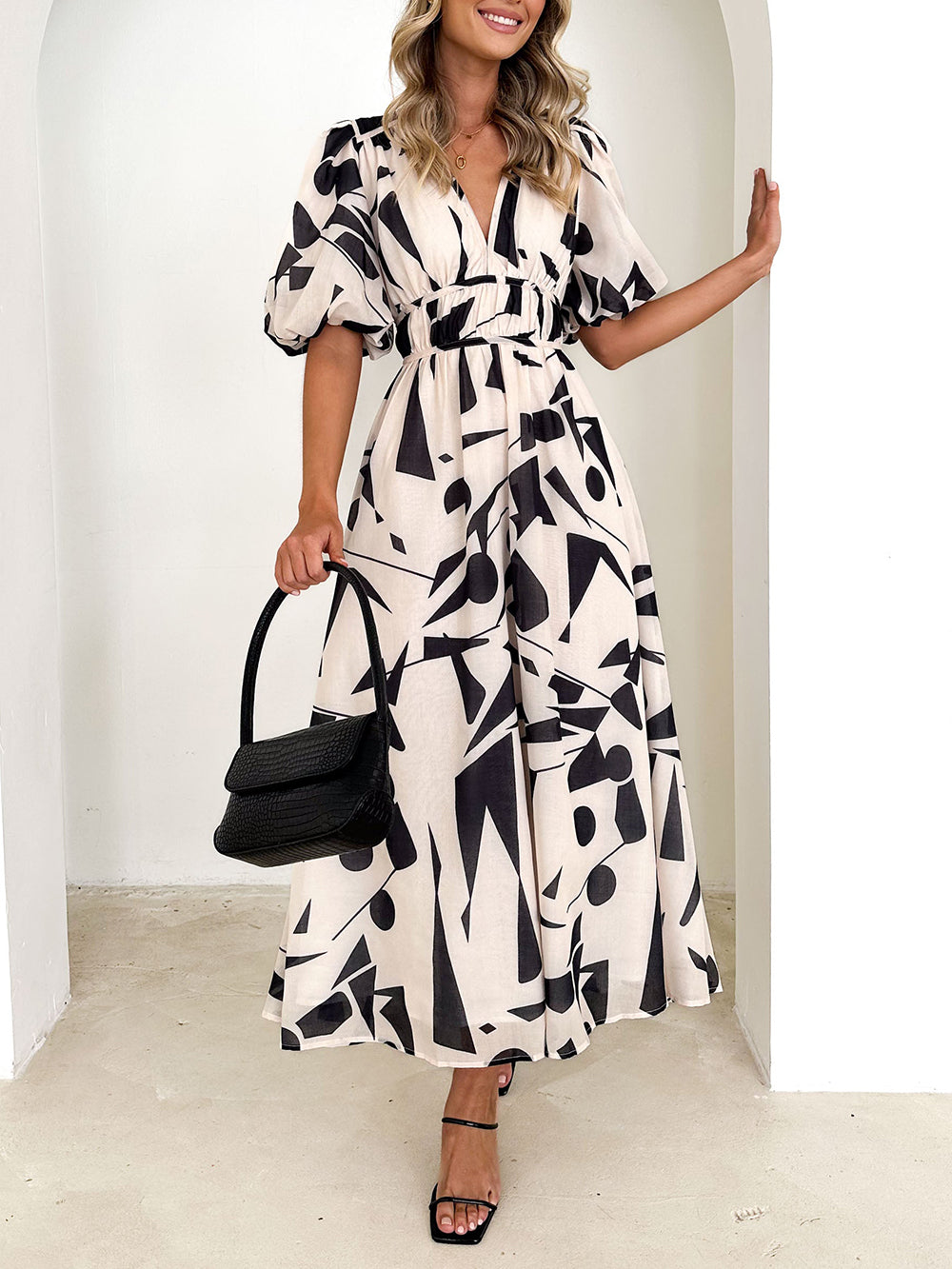 Sakura Midi Dress - Beige Geo Newgew Dresses