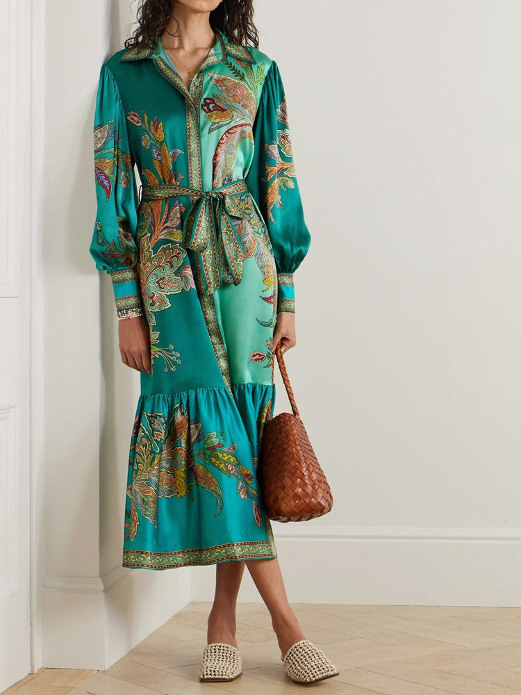 Collared Vintage Print Lantern Sleeve Dress Newgew Dresses