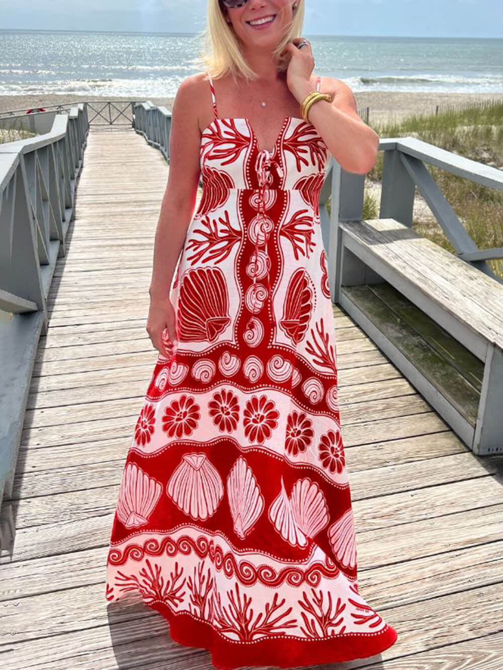 Shell Unique Print Front Lace-Up Loose Maxi Dress Newgew Dresses