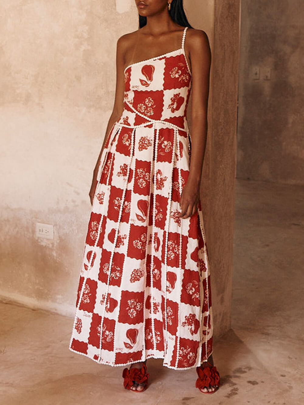 Floral Trim Unique Printed One Shoulder Flared Maxi Dress Newgew Dresses