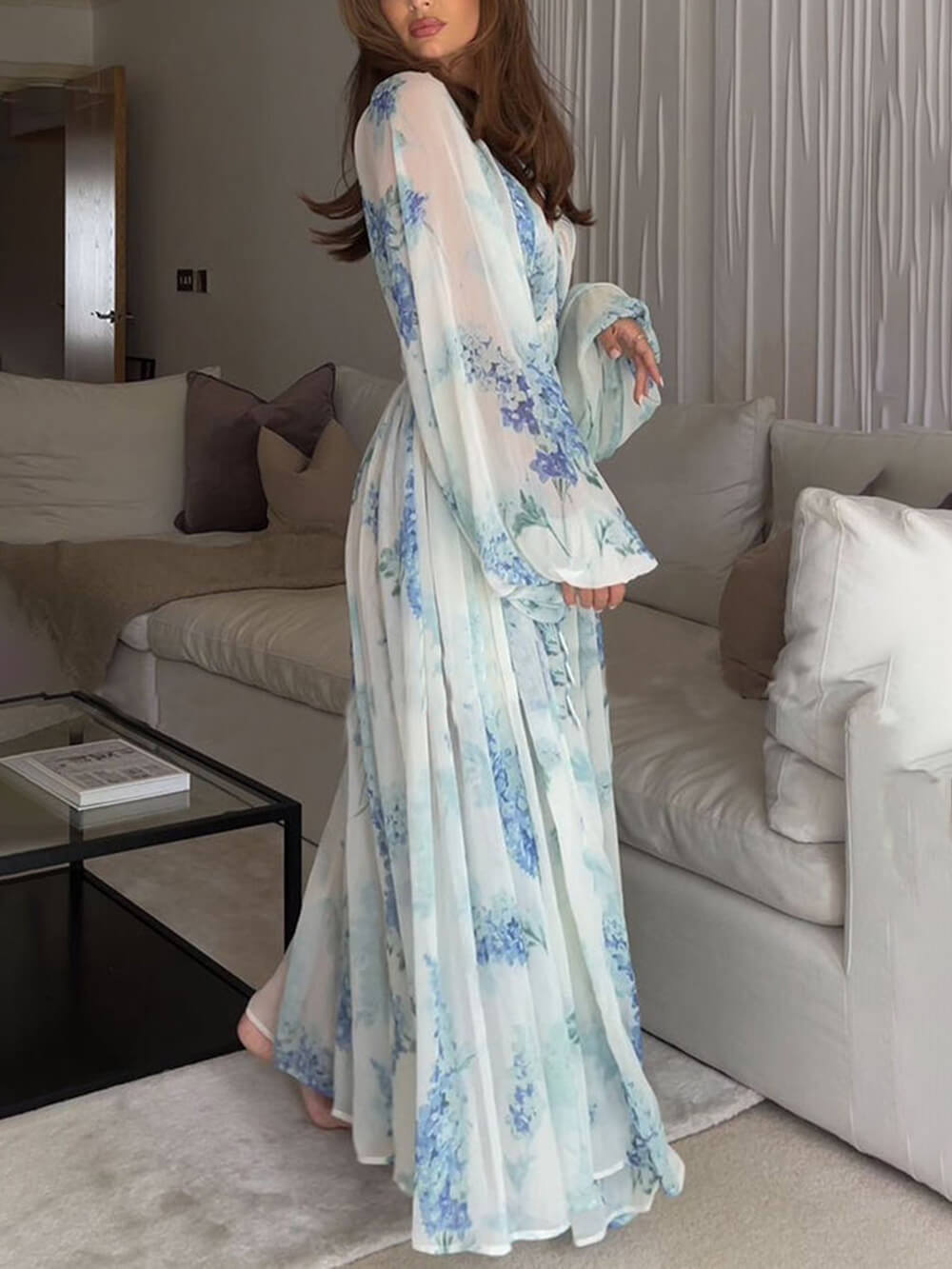 Ocean Flower Chiffon Floral Drawstring Waist Maxi Dress Newgew Dresses