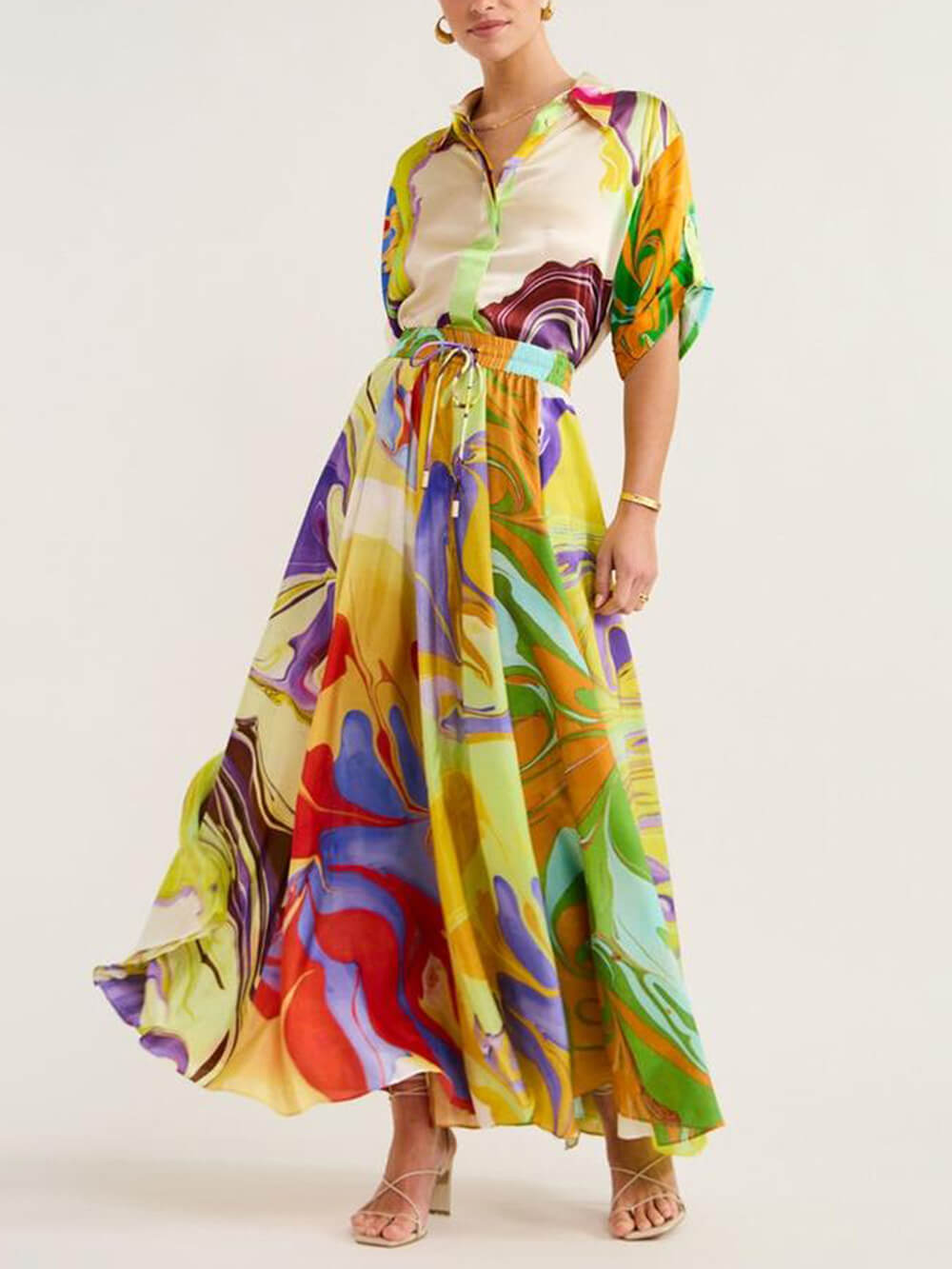 Modern Printed Satin Blouse and Skirt Set Newgew Dresses