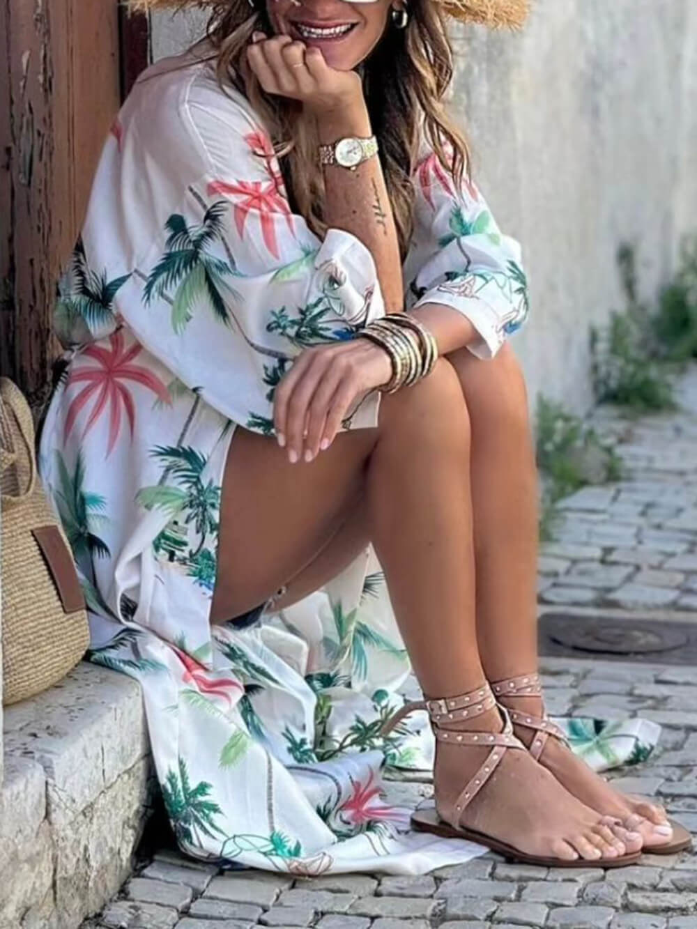 Vacation Style Botanical Print Tie-Waist Long Cover-Up Dress Newgew Dresses