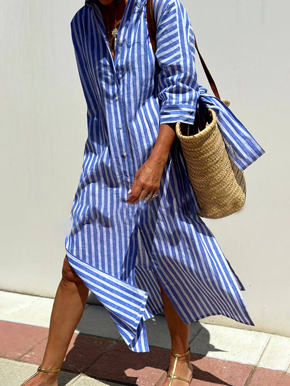 Splendor Stripes Printed Button Half Sleeve Belt Shirt Midi Dress Newgew Dresses