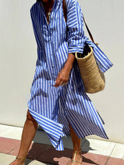Splendor Stripes Printed Button Half Sleeve Belt Shirt Midi Dress Newgew Dresses