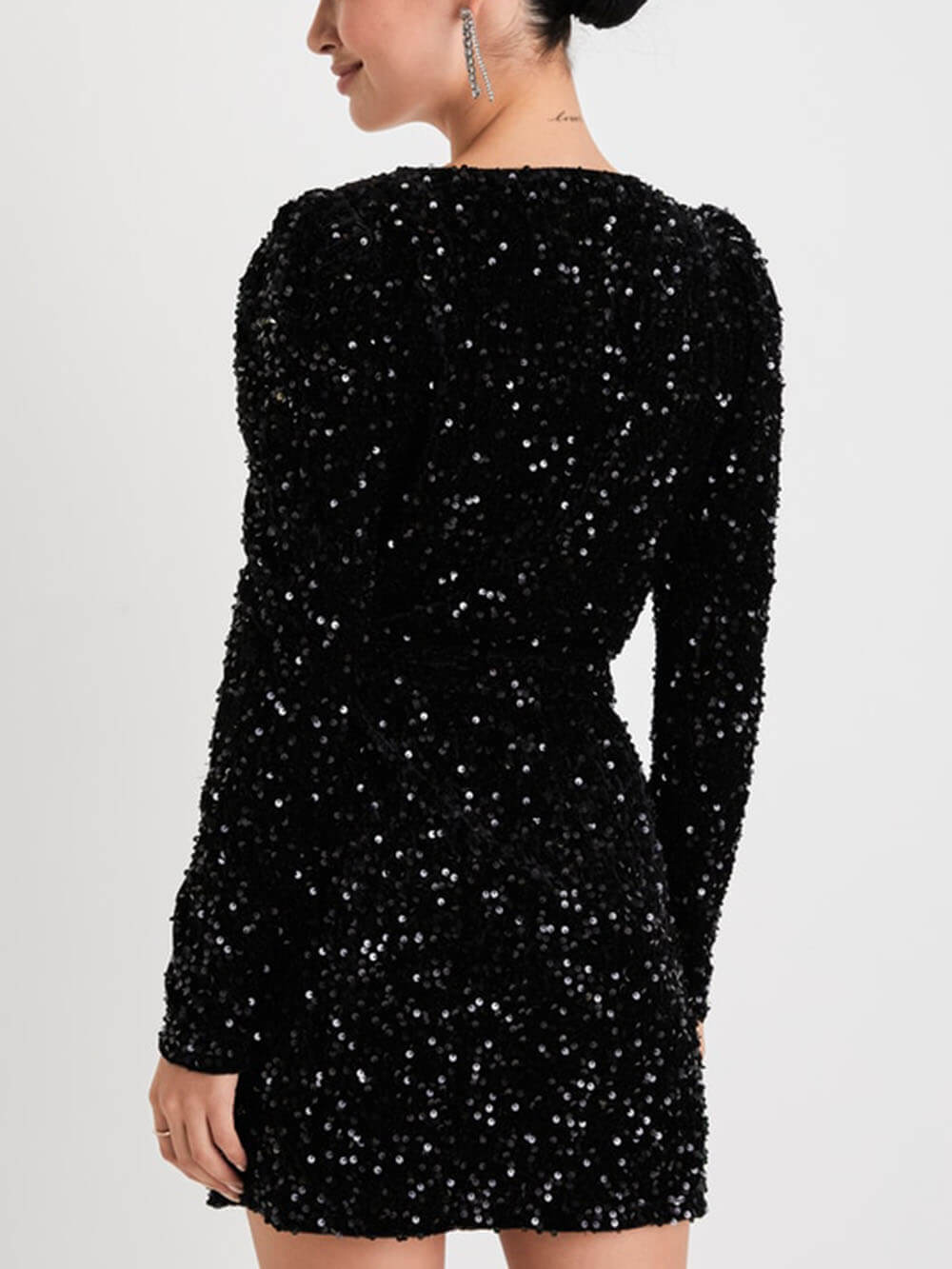 Black Sequin Velvet Long Sleeve Wrap Mini Dress Newgew Dresses