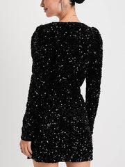 Black Sequin Velvet Long Sleeve Wrap Mini Dress Newgew Dresses
