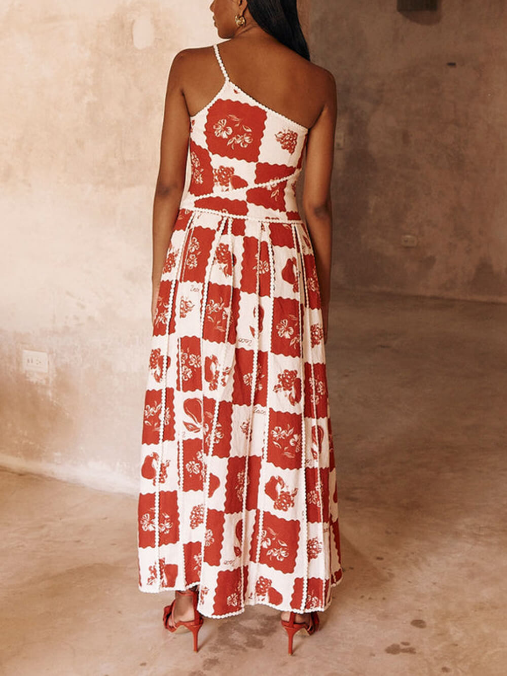 Floral Trim Unique Printed One Shoulder Flared Maxi Dress Newgew Dresses