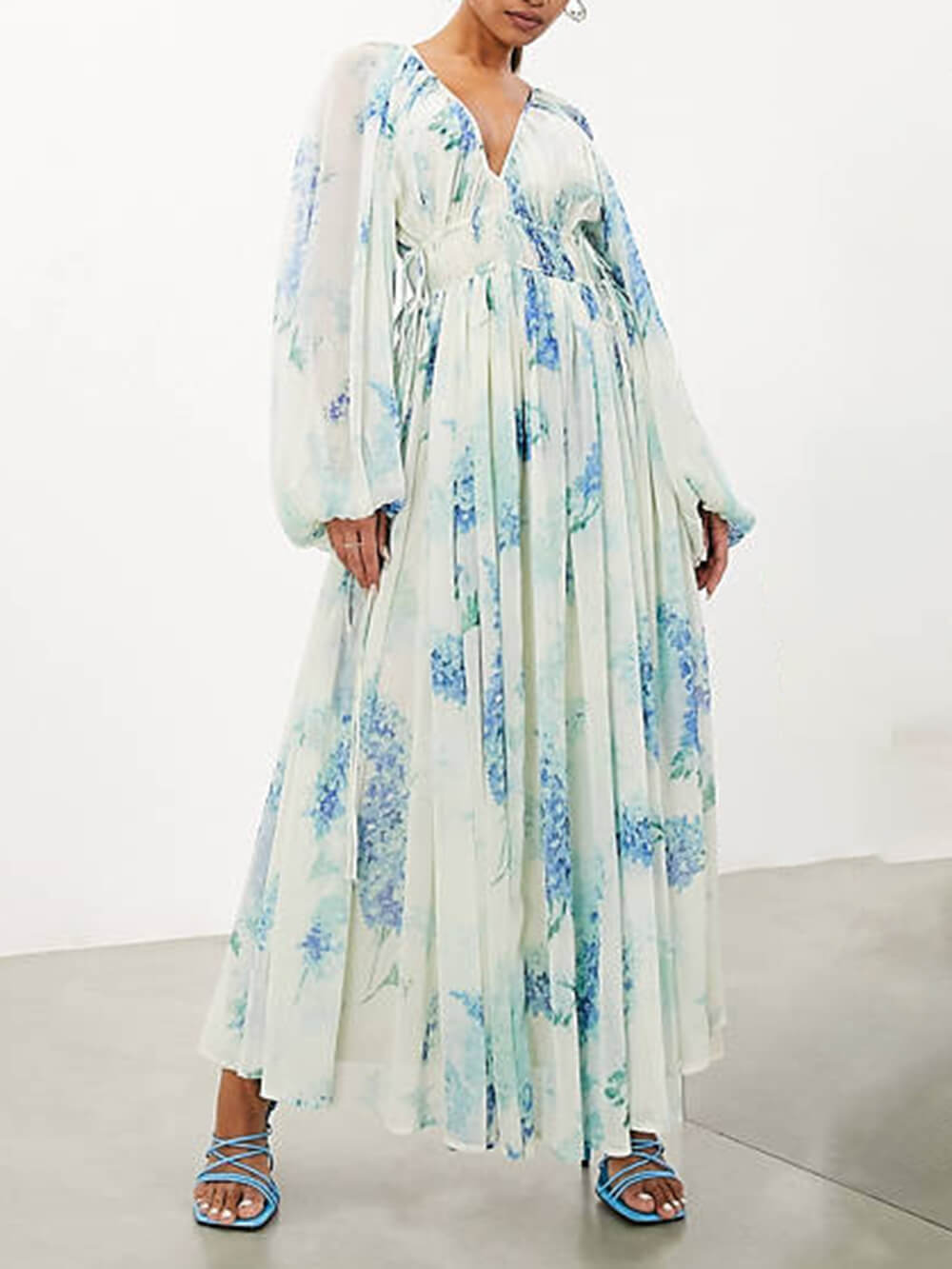 Ocean Flower Chiffon Floral Drawstring Waist Maxi Dress Newgew Dresses