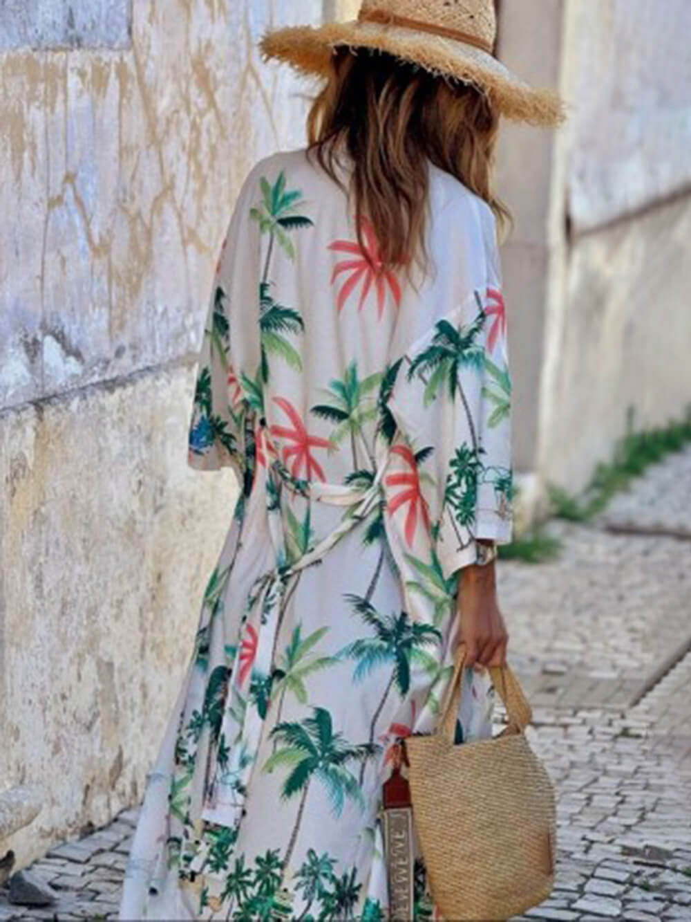 Vacation Style Botanical Print Tie-Waist Long Cover-Up Dress Newgew Dresses