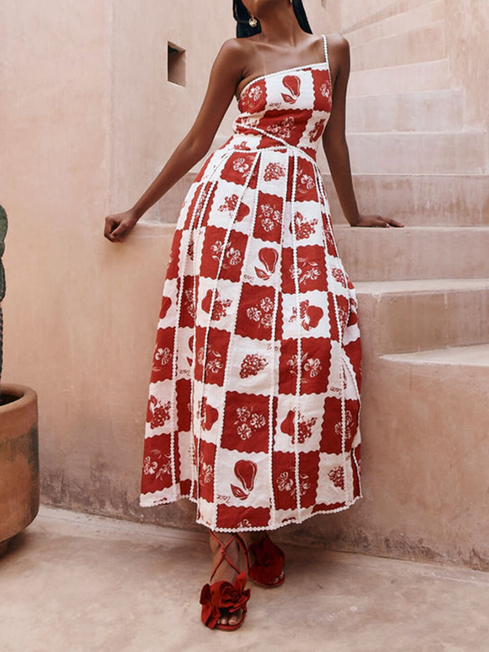 Floral Trim Unique Printed One Shoulder Flared Maxi Dress Newgew Dresses