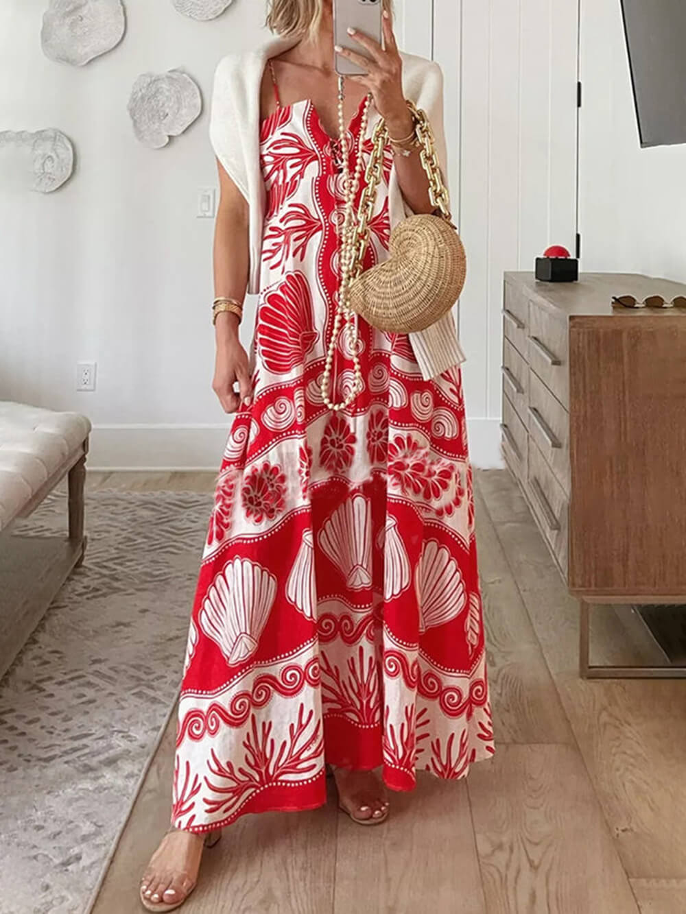 Shell Unique Print Front Lace-Up Loose Maxi Dress Newgew Dresses
