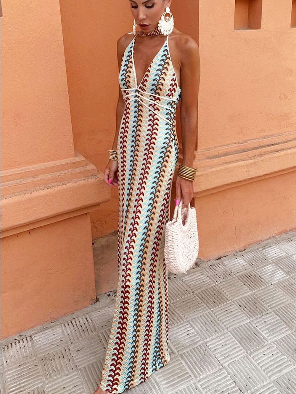 Halter V Neck Backless Boho Pattern Knit Slim-Fit Vacation Maxi Dresses-Beige Newgew Dresses