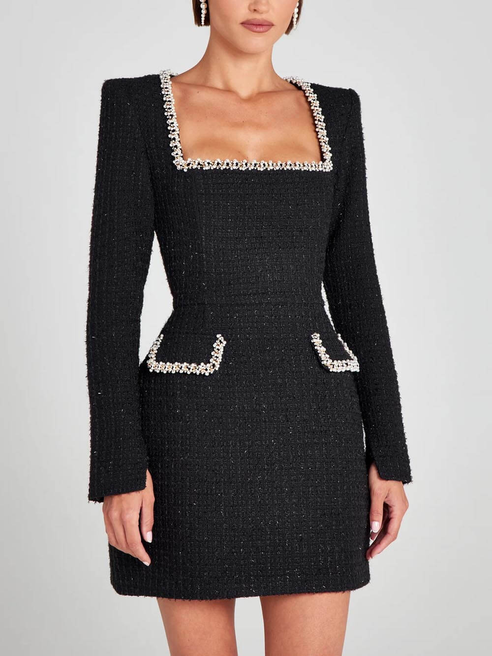 Exquisite Girl Charm Pearl Trim Slit Sleeve Pocket Mini Dress Newgew Dresses