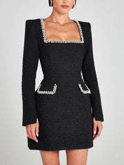 Exquisite Girl Charm Pearl Trim Slit Sleeve Pocket Mini Dress Newgew Dresses