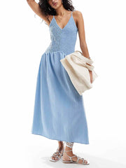 Fashionable Patchwork Smocked Sleeveless Suspender Midi Dress Newgew Dresses