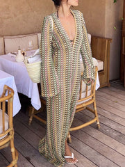 Boho V Neck Bell Sleeve Wavy Striped Crochet Beach Vacation Maxi Dress - Brown Newgew Dresses