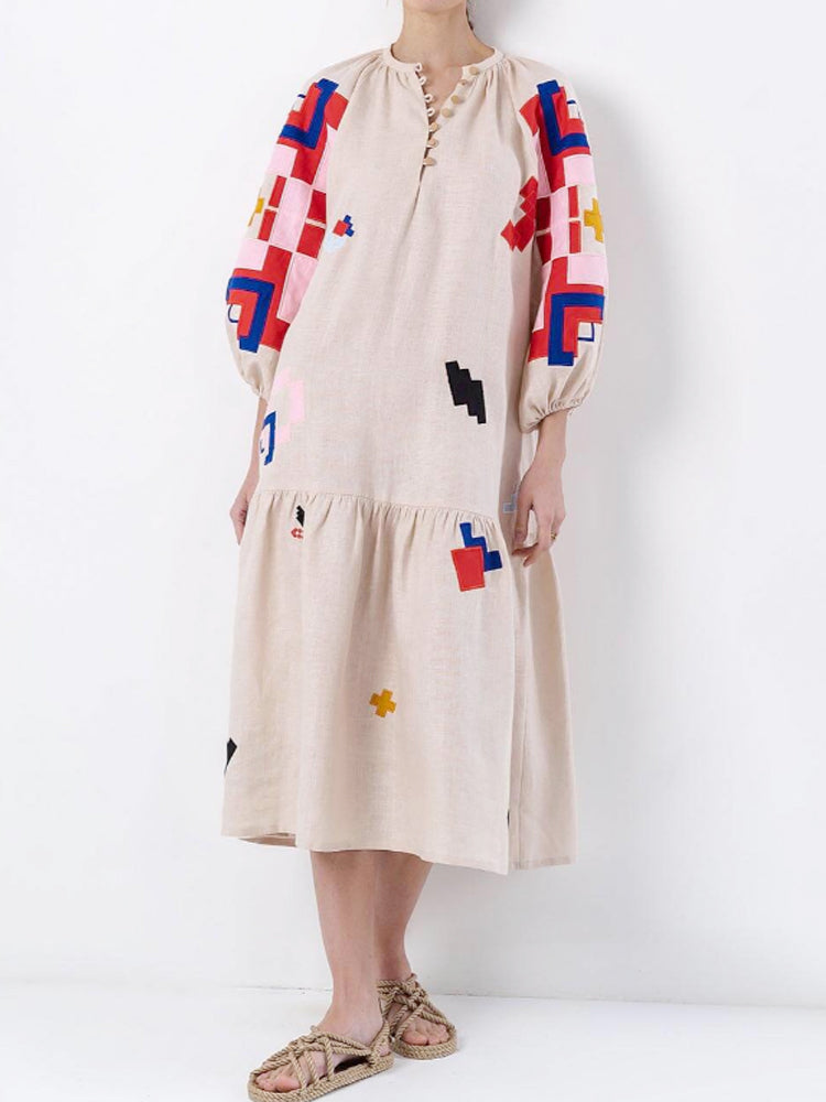 Loose Fit Printed Lantern Sleeve Casual Dress Newgew Dresses
