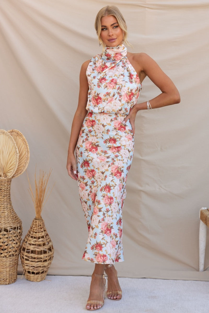 Wine Country Dates Floral Halter Neck Elastic Waist Maxi Dress Newgew Dresses