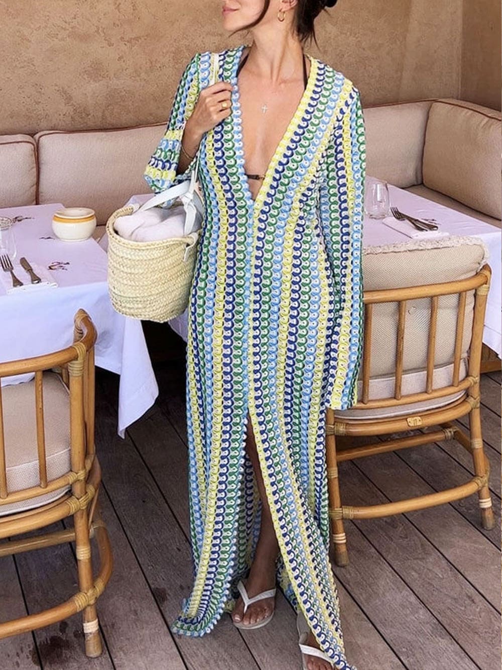 Boho V Neck Bell Sleeve Wavy Striped Crochet Beach Vacation Maxi Dress - Yellow Newgew Dresses