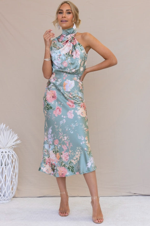 Wine Country Dates Floral Halter Neck Elastic Waist Maxi Dress Newgew Dresses