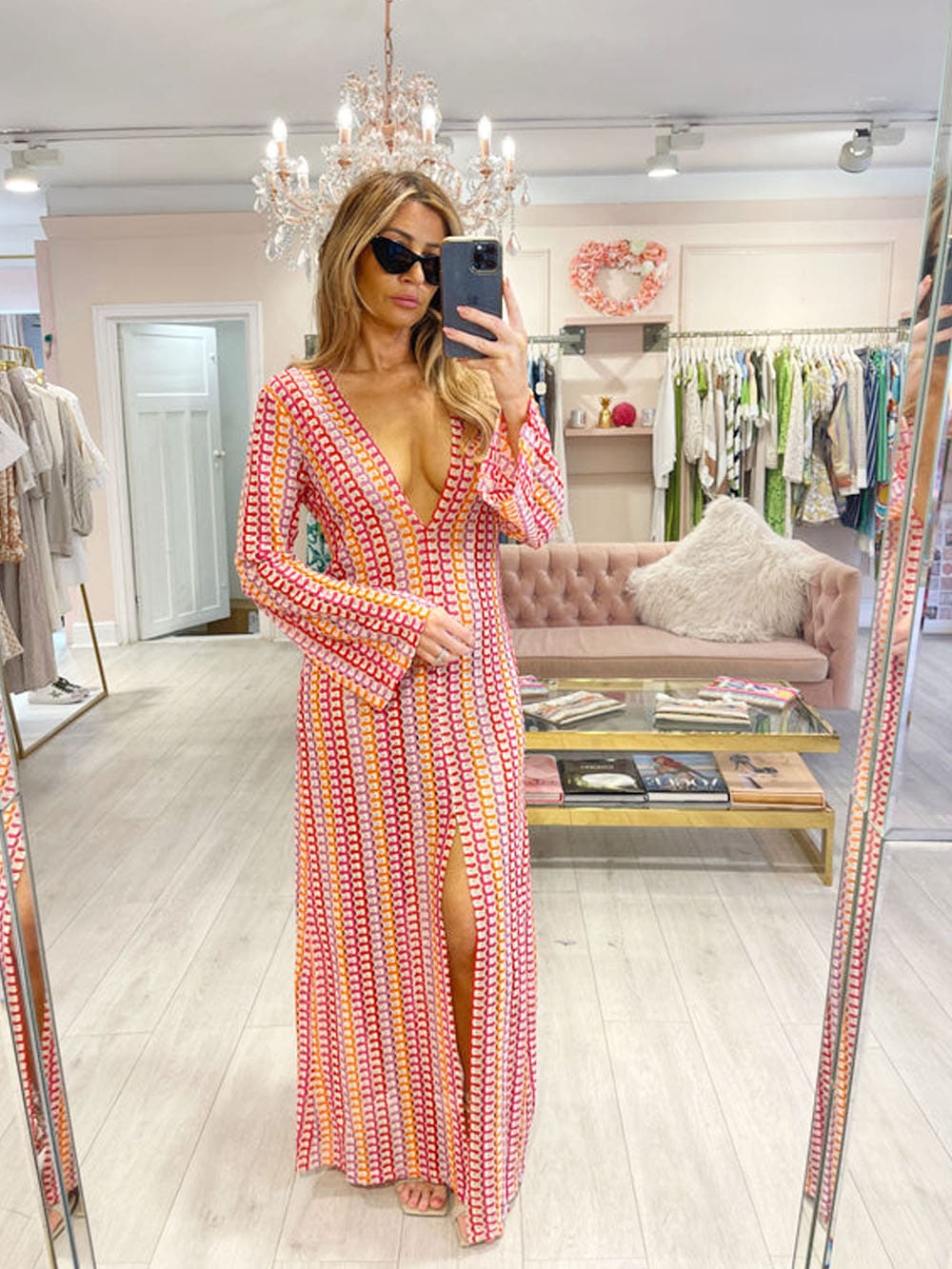 Boho V Neck Bell Sleeve Wavy Striped Crochet Beach Vacation Maxi Dress - Red Newgew Dresses