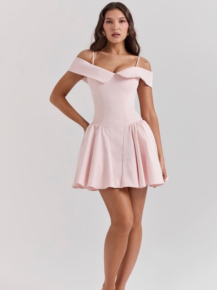 Ballet Pink Off-Shoulder Spaghetti Strap Mini Dress Newgew Dresses