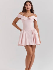 Ballet Pink Off-Shoulder Spaghetti Strap Mini Dress Newgew Dresses