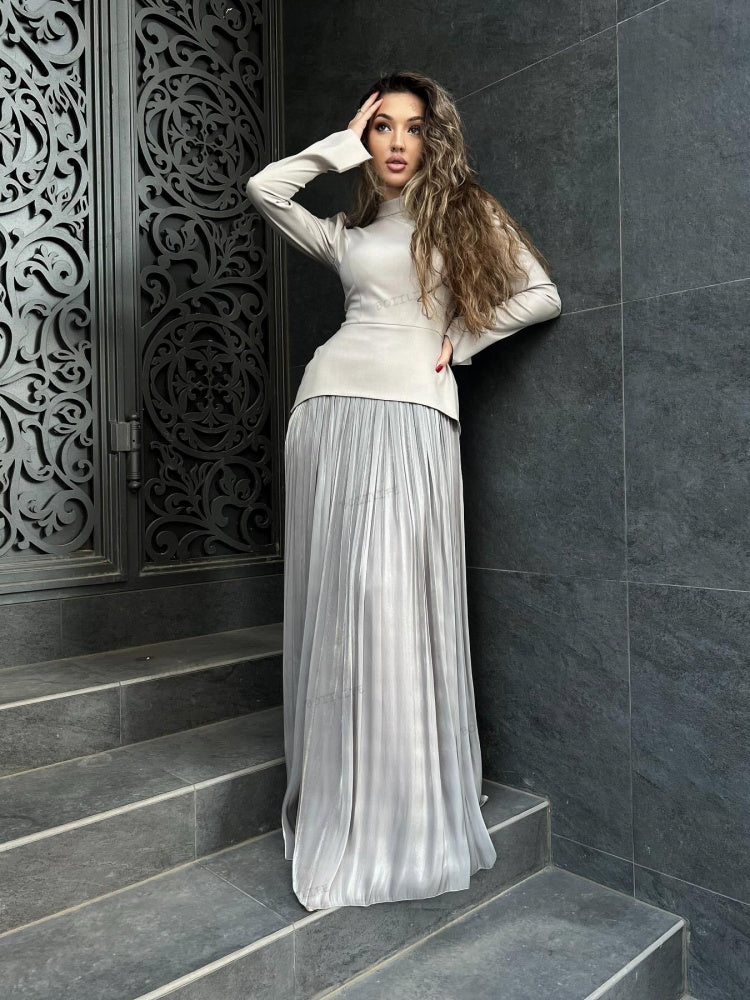 Color Block Splicing Slim Fit Lace-Up Long Sleeve Maxi Dress Newgew Dresses