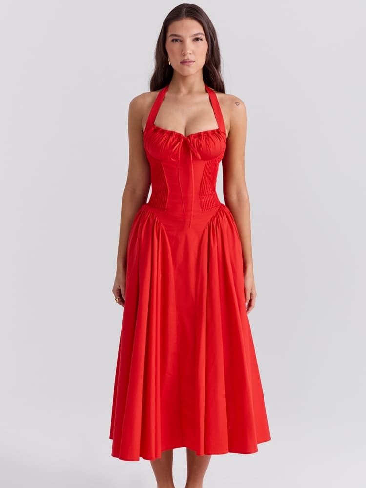 Red Backless Halter Midi Dress Newgew Dresses