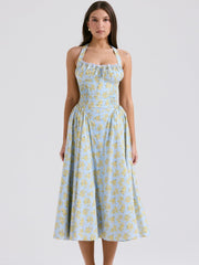 Soft Blue Vintage Floral Print Backless Tank Dress Newgew Dresses