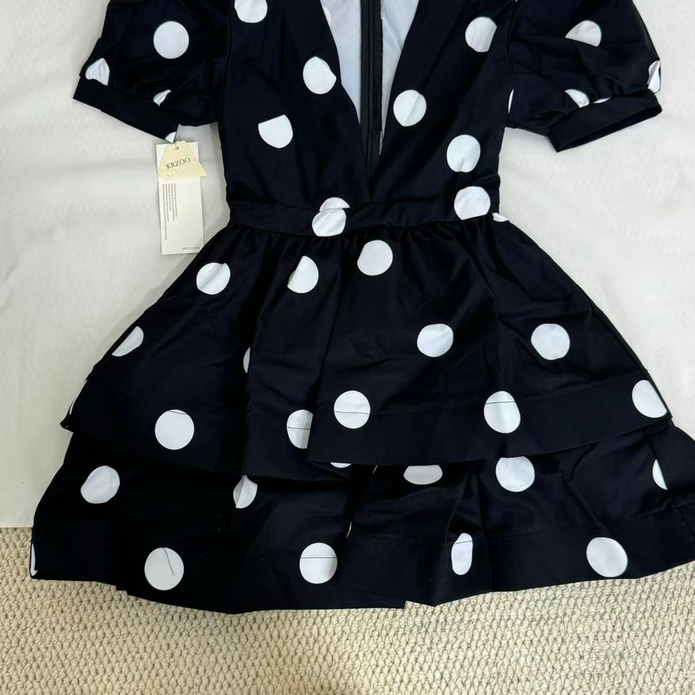Printed Deep-V Polka-Dot A-Line Dress PinTow