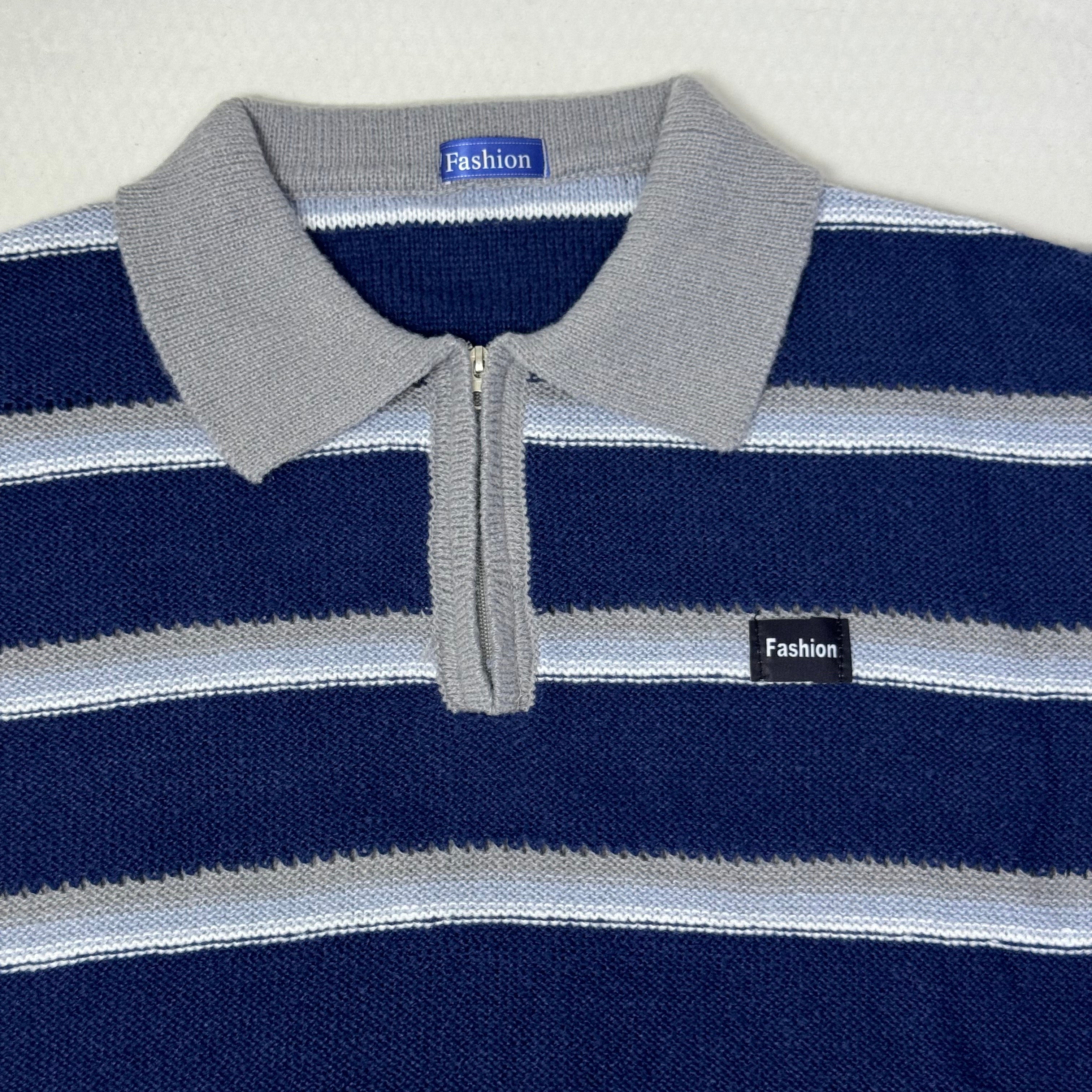 Striped Polo-Neck Relaxed Style Knit Top PinTow
