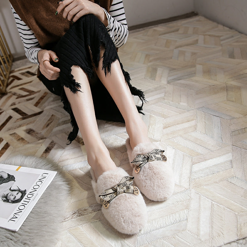 Women Fashion Bowknot Winter Furred Mules Newgew Shoes