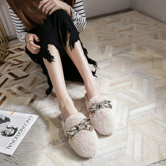 Women Fashion Bowknot Winter Furred Mules Newgew Shoes