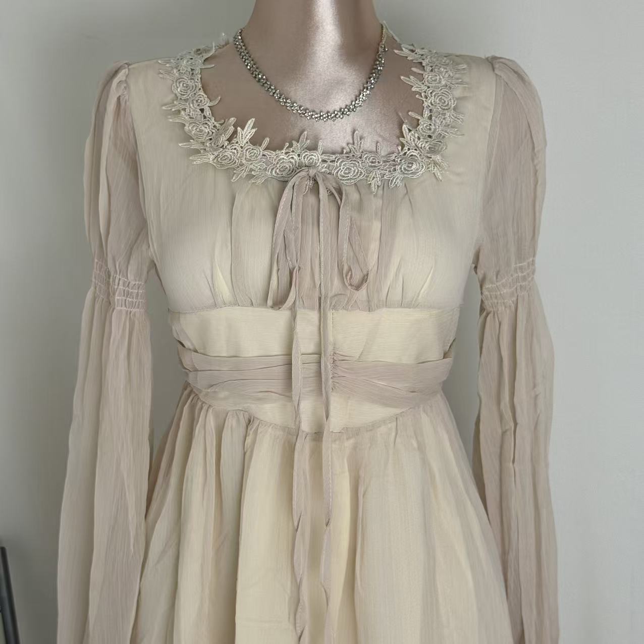 Square-Neck Long-Sleeve Chiffon Dress PinTow