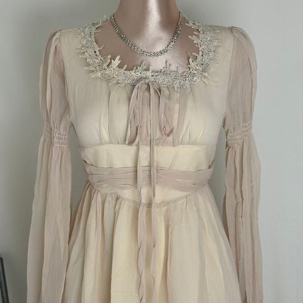 Square-Neck Long-Sleeve Chiffon Dress PinTow