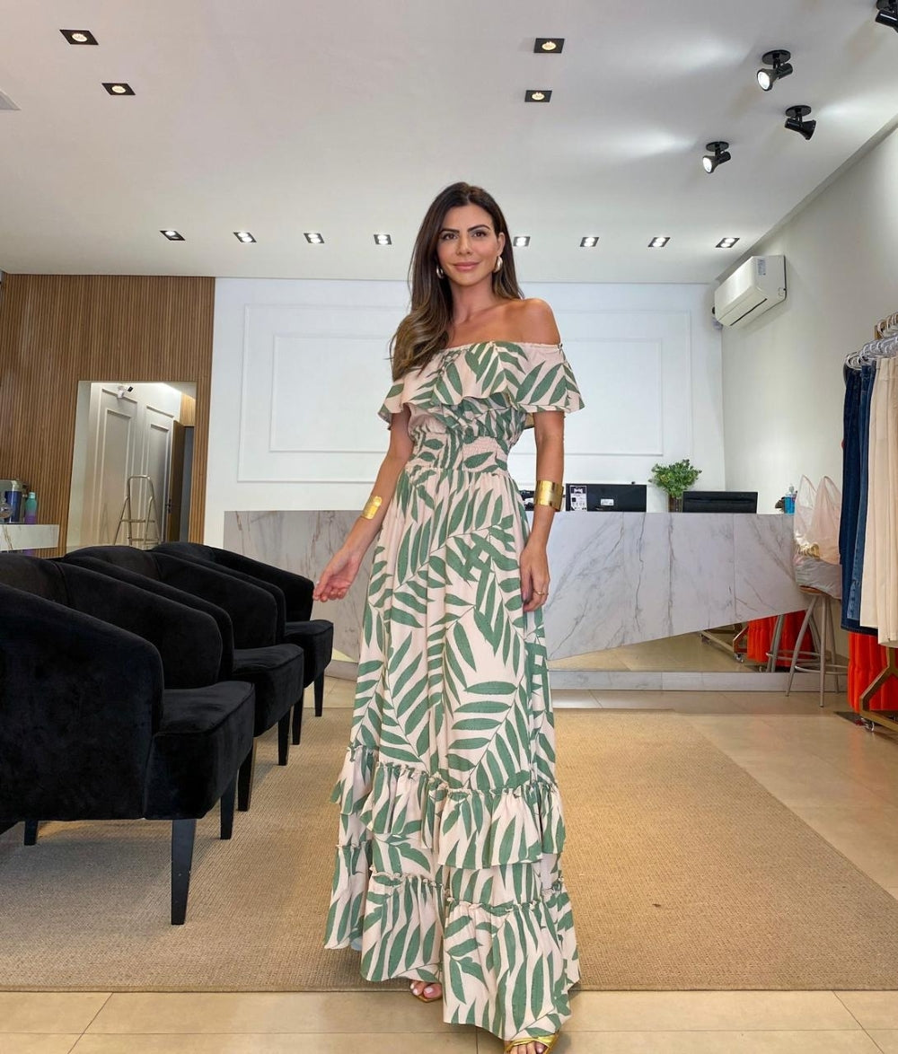 One Sleeve Palm Printed Self-Tie Tiered Maxi Dress Newgew Dresses
