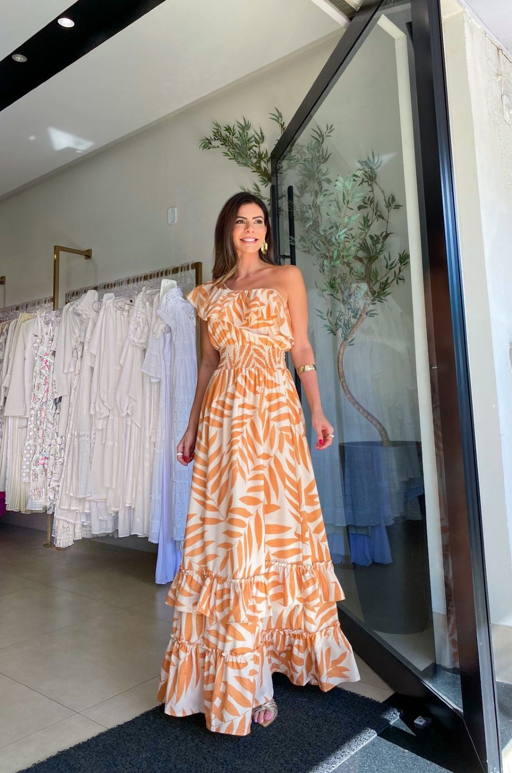 One Sleeve Palm Printed Self-Tie Tiered Maxi Dress Newgew Dresses