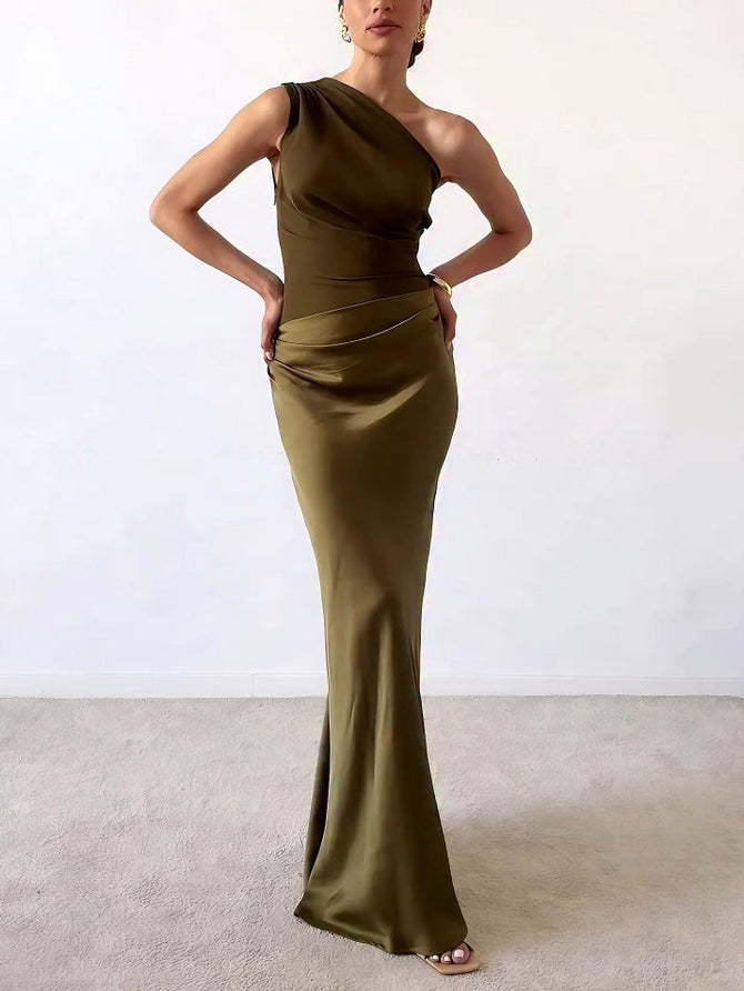 Elegant One Shoulder Neck Pleated Party Maxi Dress Newgew Dresses