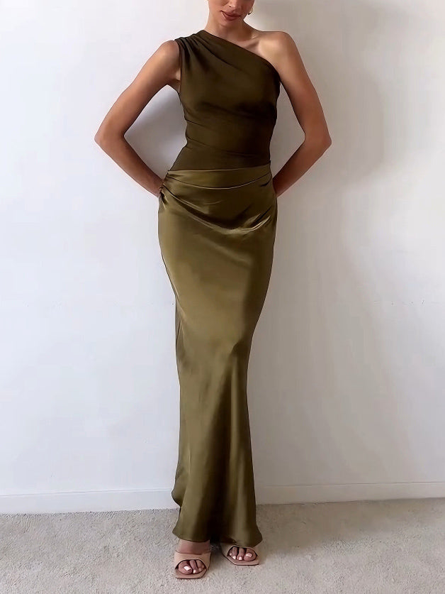 Elegant One Shoulder Neck Pleated Party Maxi Dress Newgew Dresses